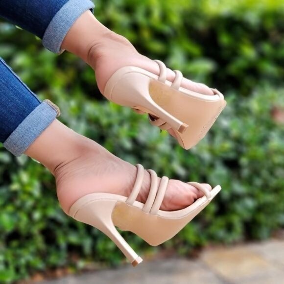 Nude Square Toe Padded Strappy Heel Sandals - Picture 5 of 7